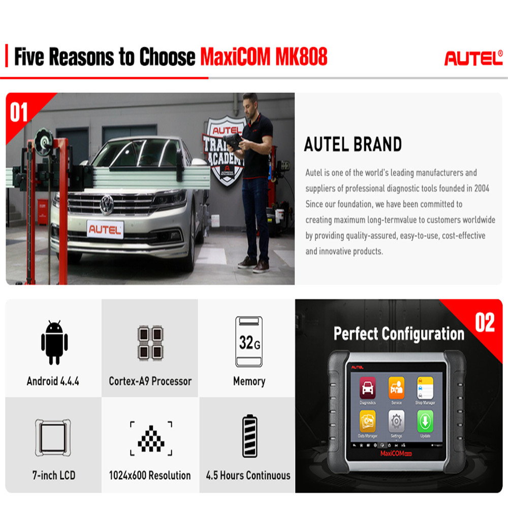 Autel - Autel MaxiCOM MK808 OBD2 Diagnostic Scan Tool with All System and Service Functions (MD802+MaxiCheck Pro)