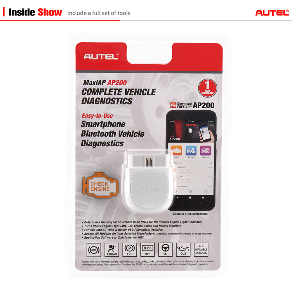 Autel - Autel AP200 Bluetooth OBD2 Scanner Code Reader with Full Systems Diagnoses AutoVIN TPMS IMMO Service for Family DIYers