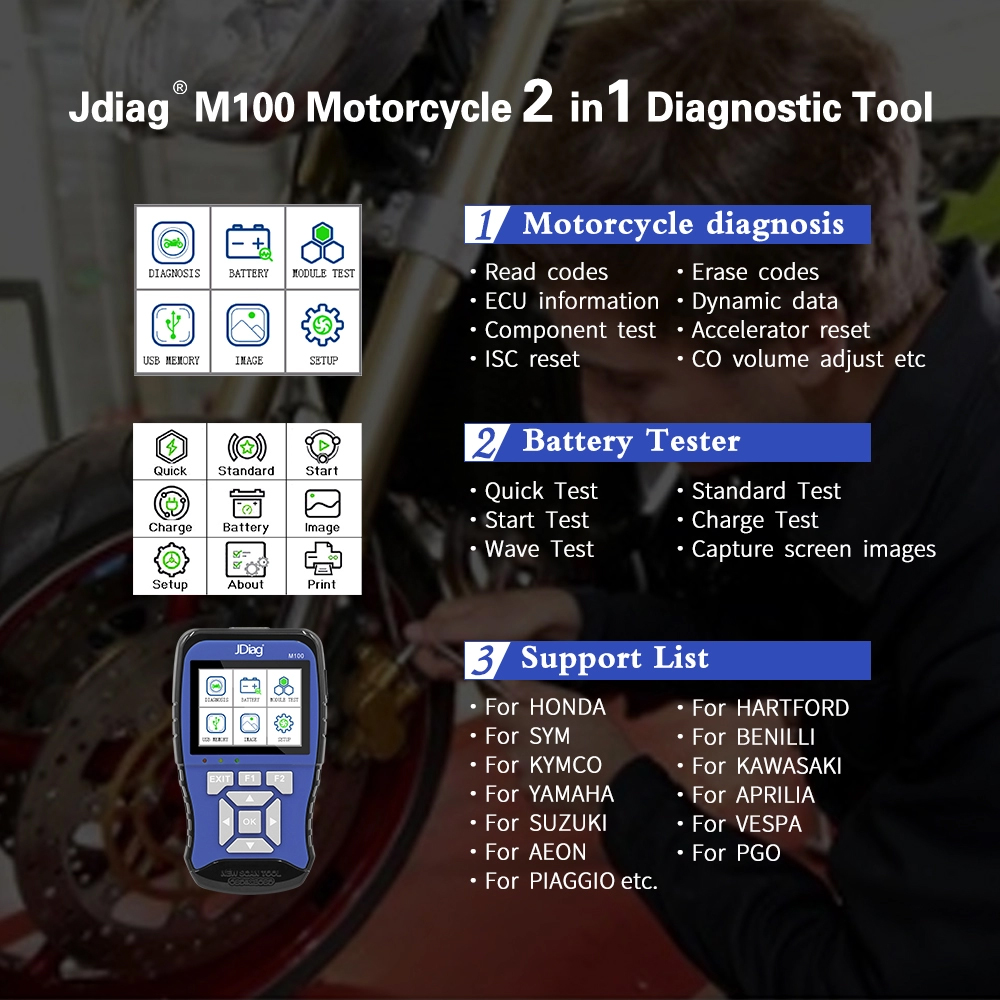 Jdiag M100 Motorcycle Diagnostic Tool Universal Motorbike Scanner 12v Battery Tester Dual System 7910