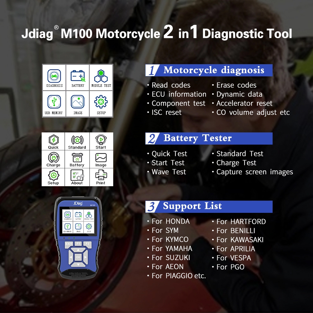 Products - JDiag M100 Motorcycle Diagnostic Tool Universal Motorbike Scanner 12V Battery Tester Dual System Moto Scan Tool